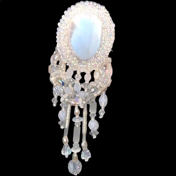 Vintage hand beaded mother of pearl crystal pearl chandelier bridal sash pin - Picture 7 of 17